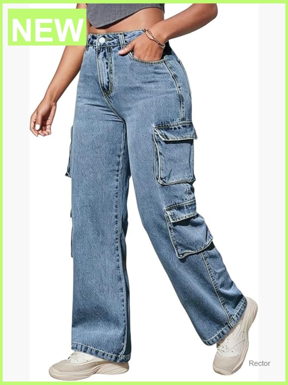 Plus Size Cargo Jeans High Waist Wide Leg Straight Leg Stretch Denim